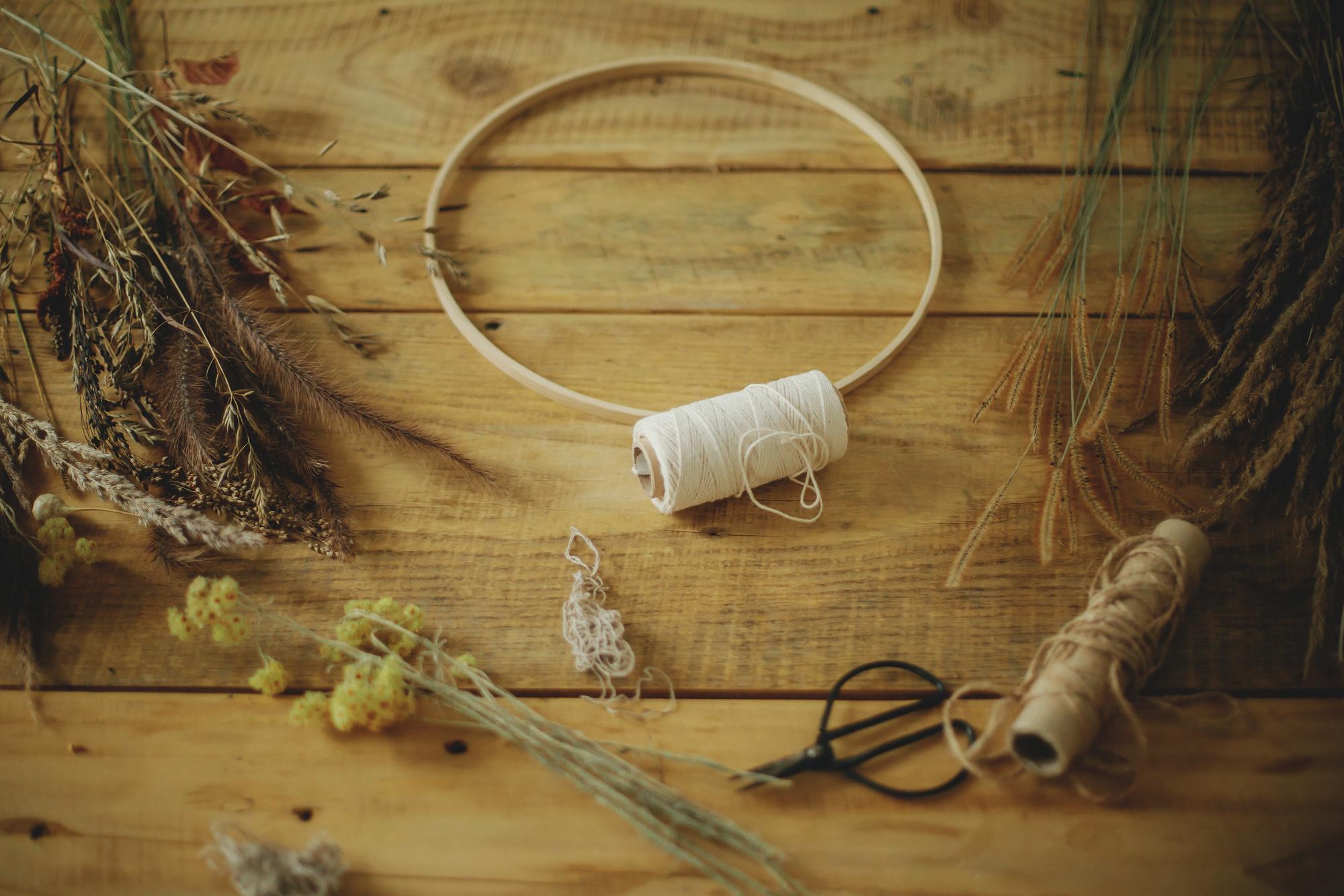 Workshop interior with embroidery hoop and threads